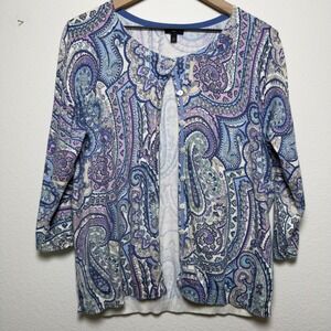 Talbots Women Cotton Paisley Cardigan Sweater XL Blue Purple 3/4 Sleeve